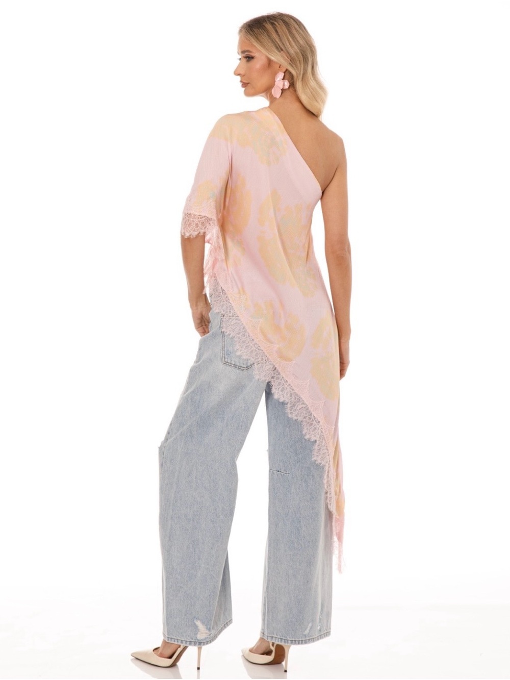 One-Shoulder Blush Mirage Lace-Trim Asymmetrical Pink Draped Top - Picture 3 of 3